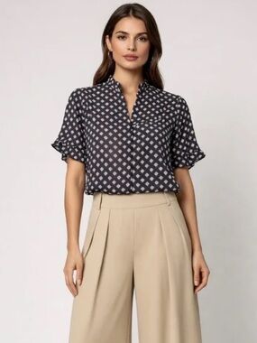 Sanctuary Navy and Cream Floral-Print Puff Sleeve Blouse